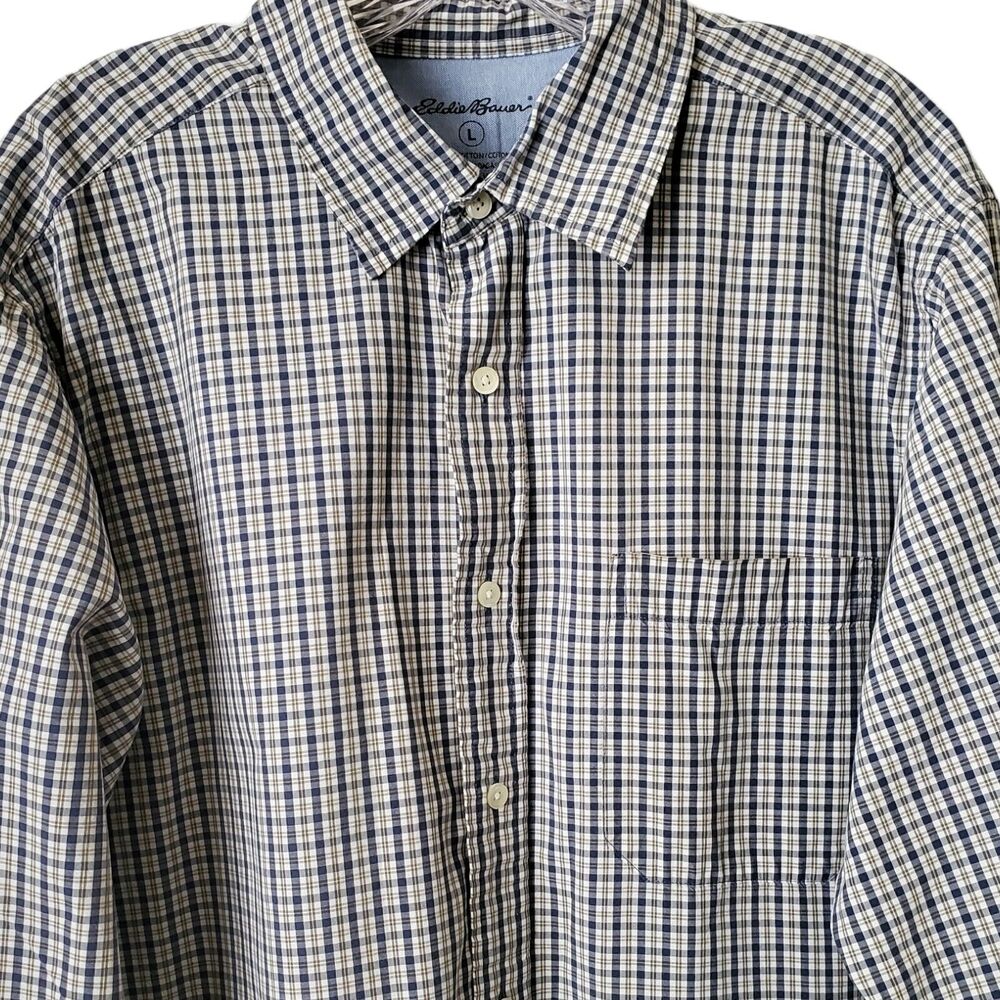 Eddie Bauer Blue Brown Plaid Button Front Shirt Large